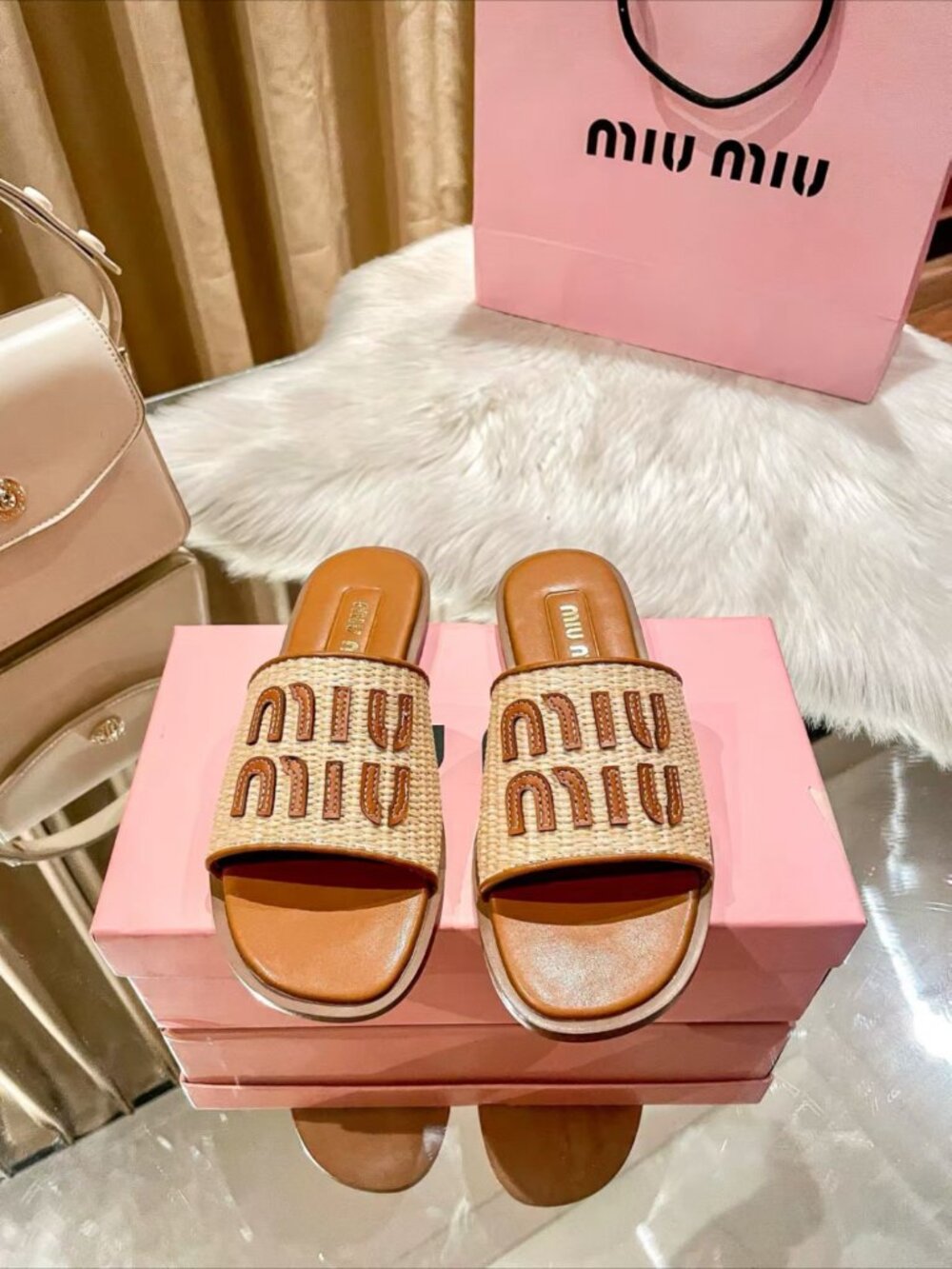 Miu Miu Woven Raffia Flat Slide Sandals